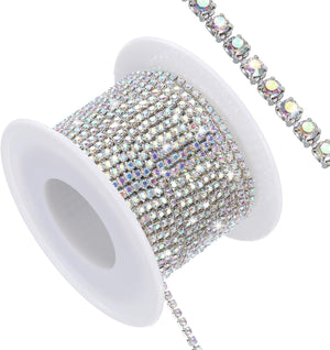 11 Yard Crystal Rhinestone Close Chain Trim, Crystal Rhinestone Diamond Strips for Jewelry Making, Rhinestone Bling Sewing Embellishments, AB Rhinestone with Silver Base