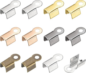 600Pcs Fold Over Cord Ends, 3.5x9mm Terminators Crimp Cap Clasp Tips for Leather Ribbon DIY Craft Making, Set of 6 Colors
