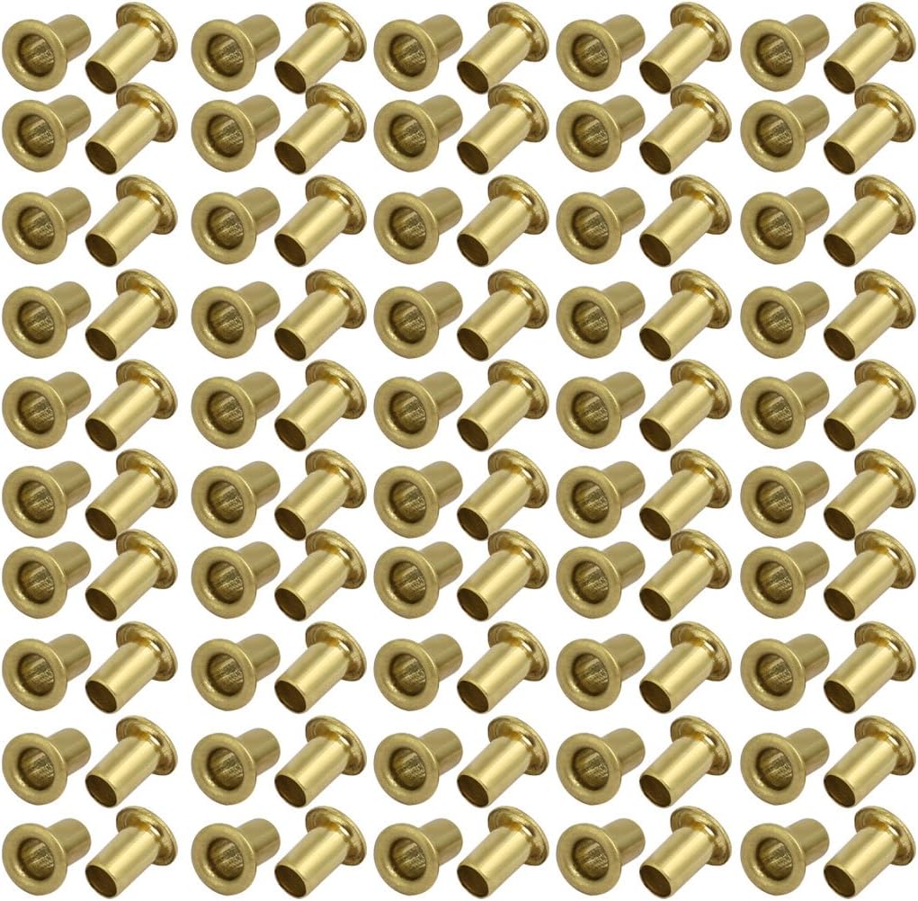 LinkMejor 100pcs M5 x 8mm Brass Plated Metal Hollow Eyelets Rivets Gold Tone