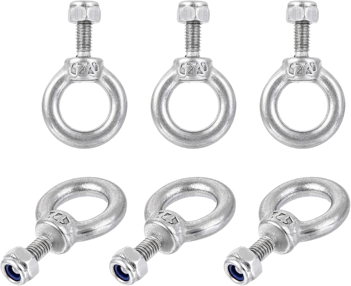 Lifting Eye Bolt M4 x 11mm Male Thread with Hex Screw Nut for Hanging Securing Chain Wire Rope, 304 Stainless Steel, 6 Sets