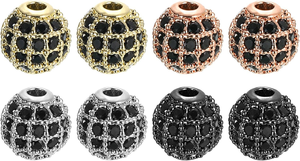 LinkMejor Round Charm Spacer Beads, 8Pcs 8mm - Brass Rhinestone Spacer Beads, Zircon Spacer Beads for DIY Bracelets Earrings Jewelry Making (Black - 4 Colors)