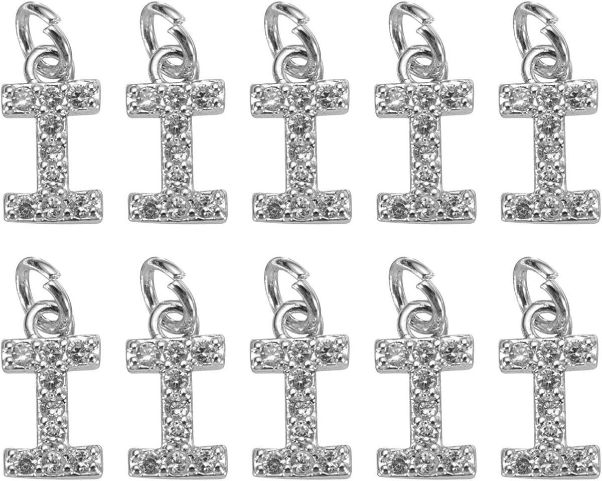 Rhinestone Letter Charm, 10pcs Crystal Zirconia Copper Alphabet I Pendants Slider Letter Charm for Wristbands Bracelets Necklace Jewelry Earring DIY Craft, Silver