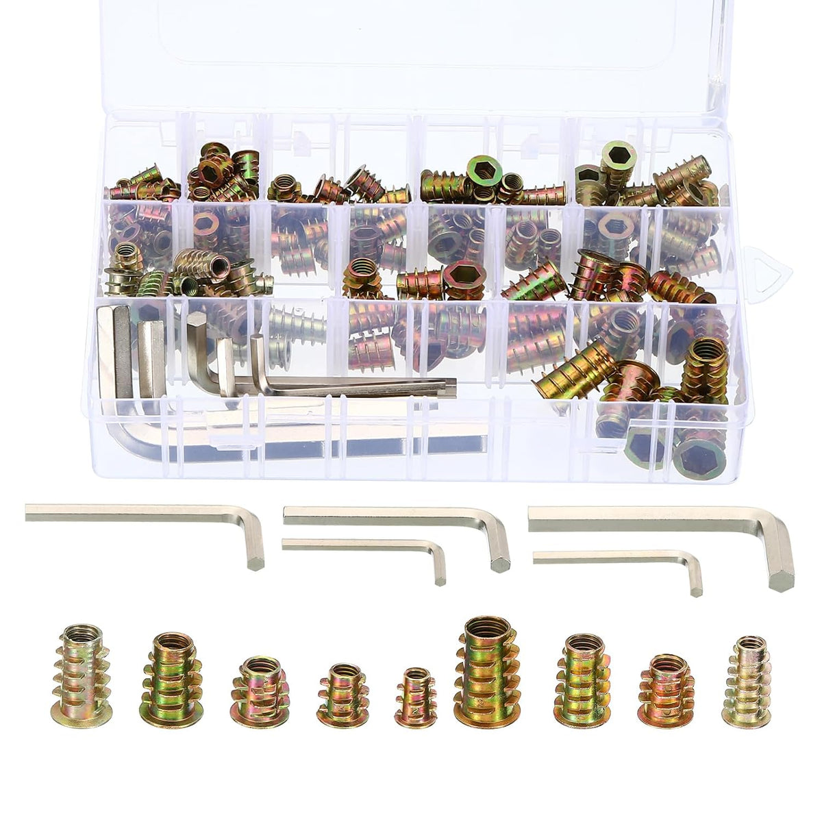 140Pcs M4 M5 M6 M8 M10 Threaded Inserts Nuts Assortment Tool Zinc Alloy Hex Socket Furniture Bolt Fastener Connector for Wood Furniture, with Hex Wrenches