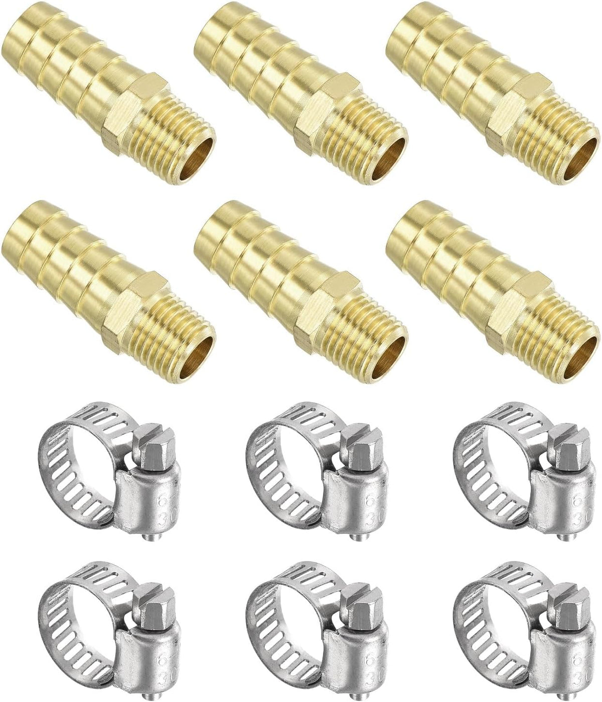 Brass Hose Barb Fittings 6pcs 1/2" Barb x 1/4" NPT Male Brass Barb Pipe Fitting with Hose Clamps for Water Fuel Air