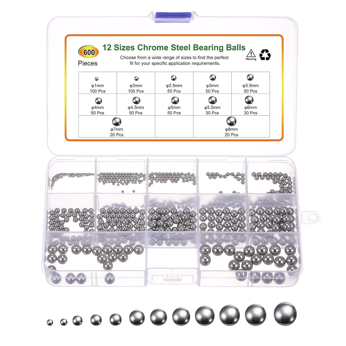 600pcs G200 Precision Balls Assortment Kit 1mm 2mm 2.5mm 3mm 3.5mm 4mm 4.5mm 5mm 5.5mm 6mm 7mm 8mm 304 Stainless Steel Solid Bearing Balls