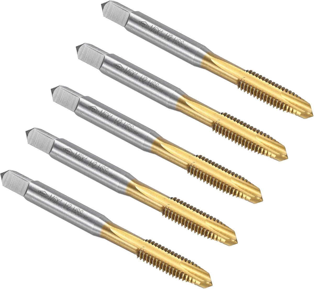 Spiral Point Plug Threading Tap M6 x 1 Thread, Ground Threads H2, High Speed Steel 6542, Titanium Coated, Metric Screw Taps Tapping Bit for Thread Repair, 5pcs
