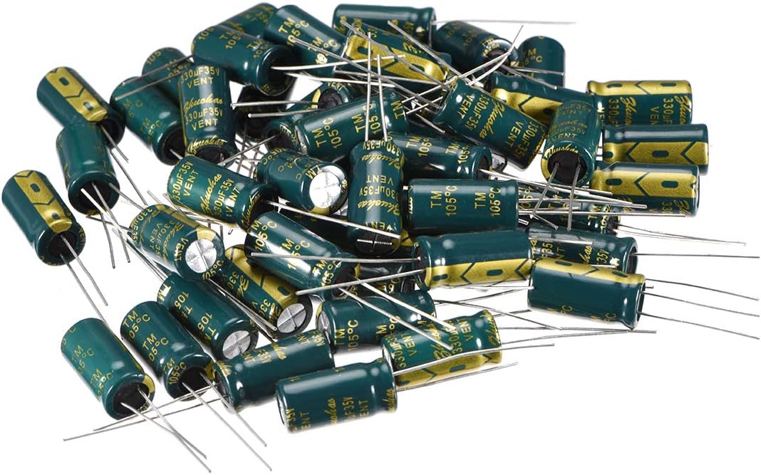 Aluminum Radial Electrolytic Capacitor Low ESR 330uF 35V 105 Celsius 3000H Life 8x16mm High Ripple Current Low Impedance 50pcs Green