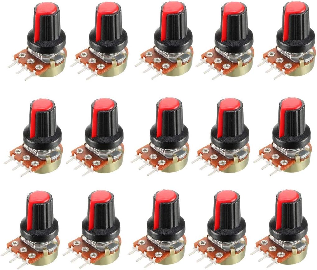 15Pcs 10K Ohm Variable Resistors Single Turn Rotary Carbon Film Taper Potentiometer with Knobs