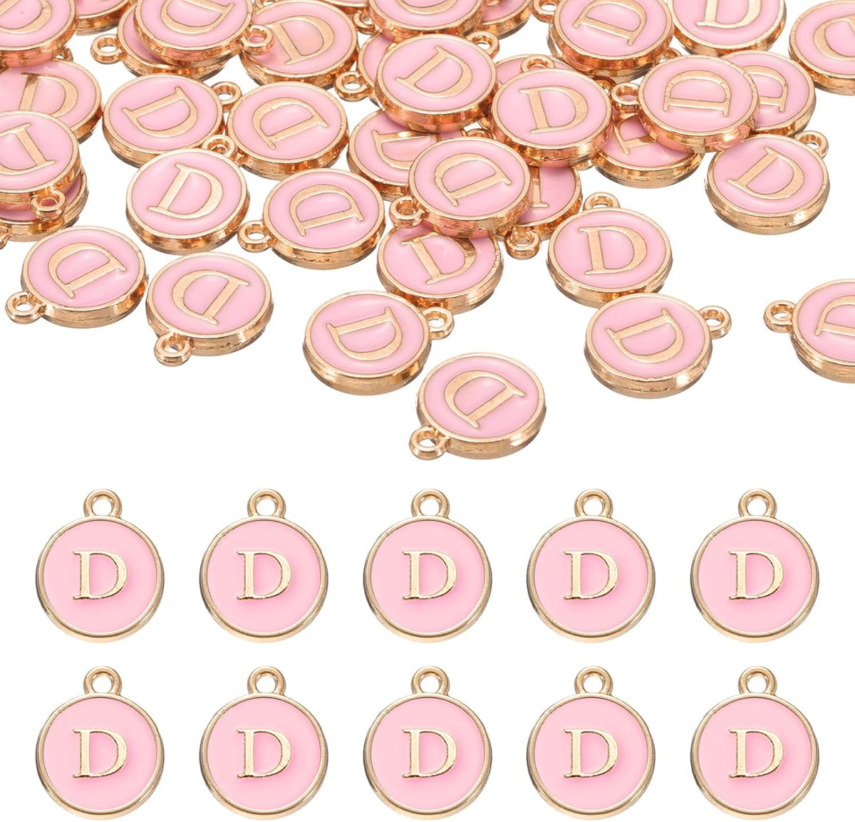 LinkMejor 52pcs Letter Charm, Enamel Letter Pendants, Alphabet D Pendants Double Sided Beads Charm for DIY Bracelet Necklace Pendants Earring Jewelry, Pink