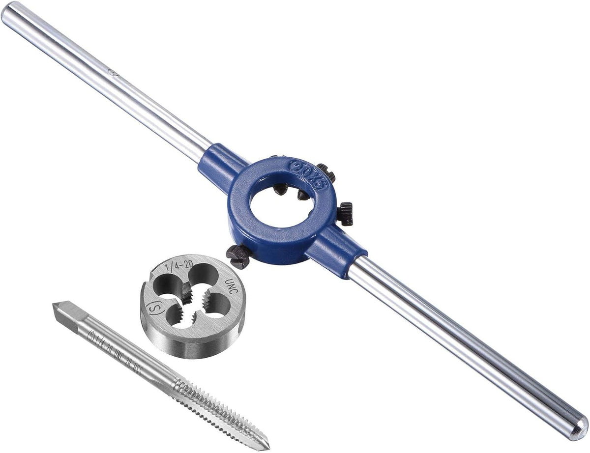 1/4-20 UNC Tap and Die Set with 20mm Round Die Stock Handle Wrench, High Speed Steel Machine Thread Tap and Round Die Threading Tool