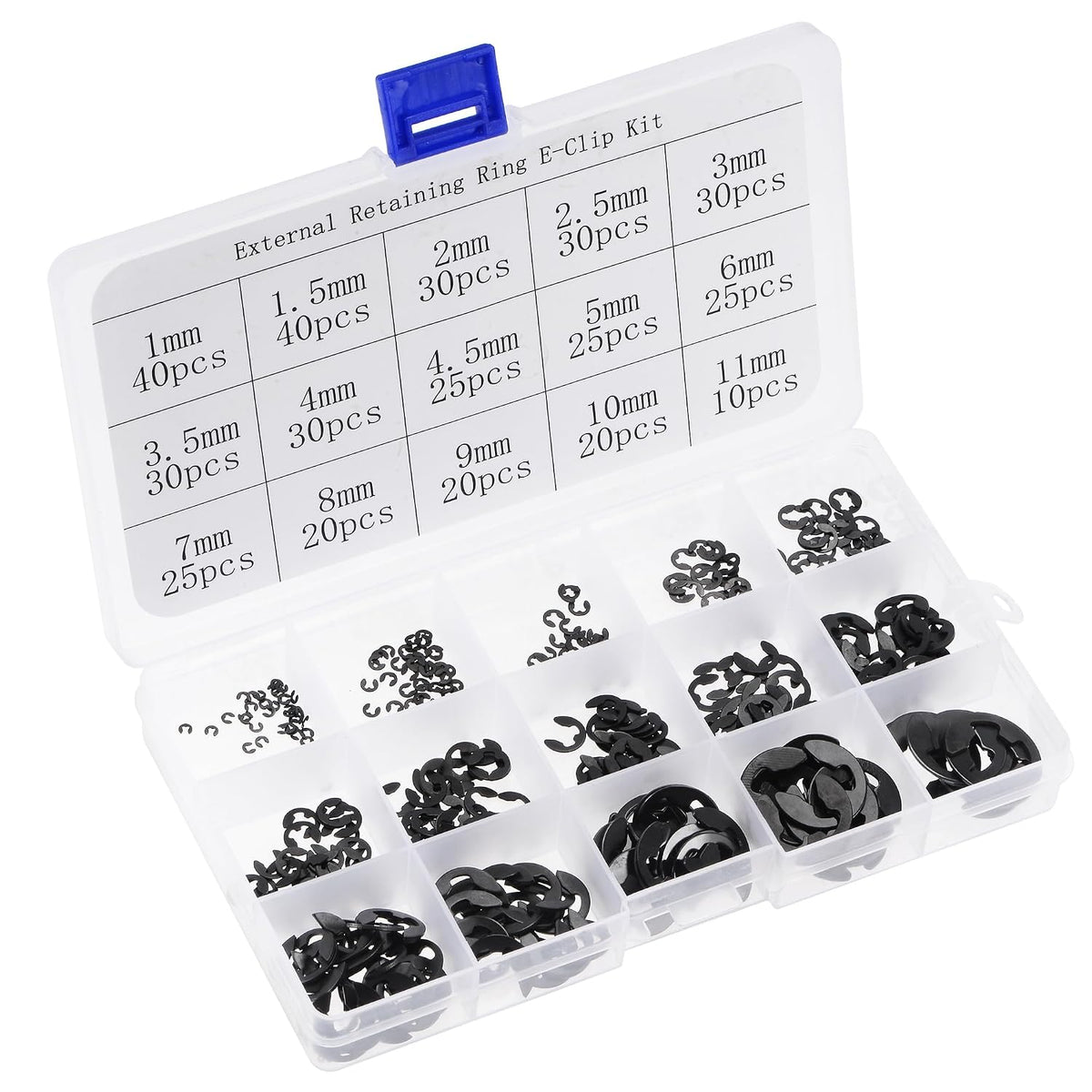 E-Clip Circlip - 400Pcs 15-Size External Retaining Shaft Snap Ring Carbon Steel Black Assortment Kit