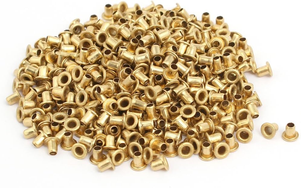 LinkMejor 500pcs M2.3 x 3mm Brass Plated Metal Hollow Eyelets Rivets Gold Tone