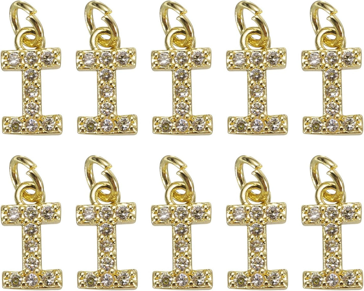 LinkMejor Rhinestone Letter Charm, 10pcs Crystal Zirconia Copper Alphabet I Pendants Slider Letter Charm for Wristbands Bracelets Necklace Jewelry Earring DIY Craft, Gold