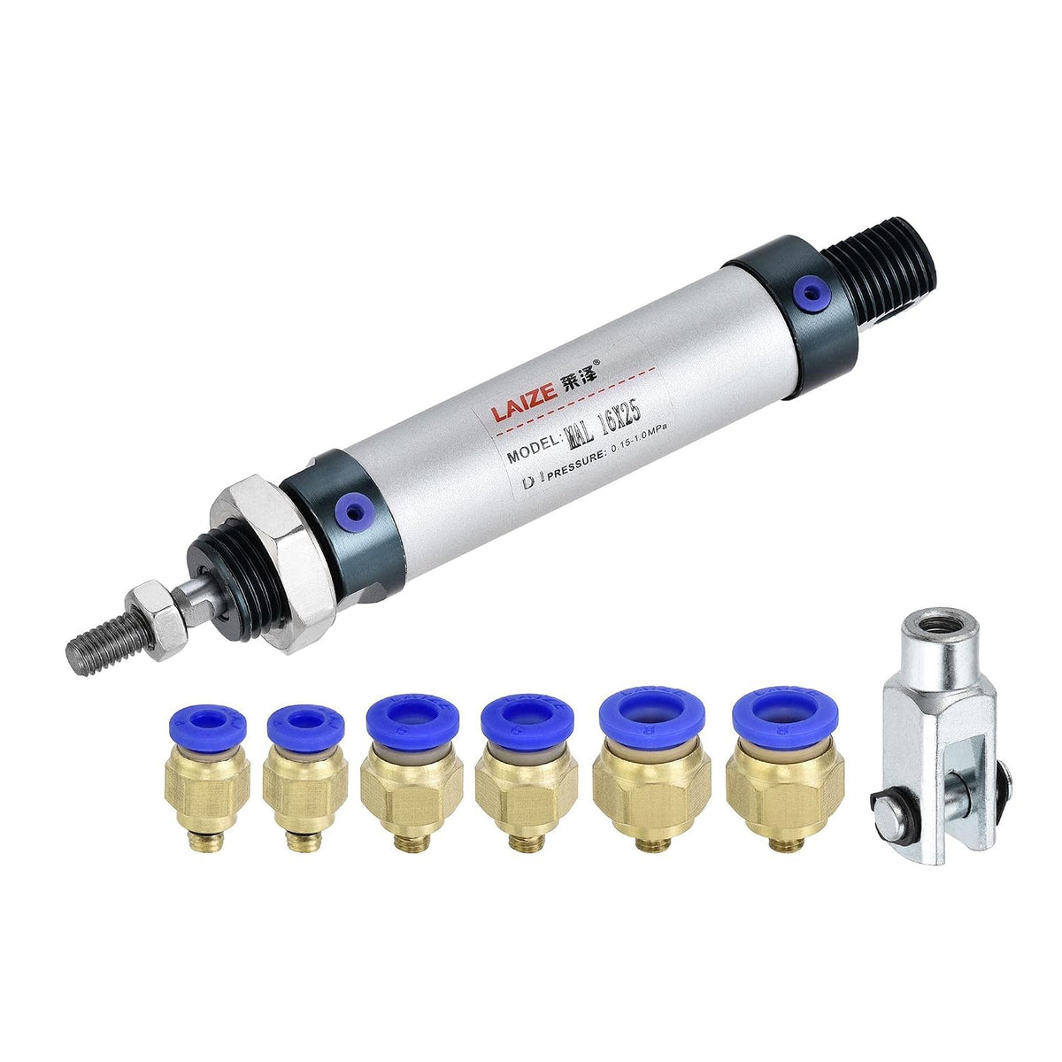 Pneumatic Air Cylinder 16mm Bore 25mm Stroke with Y Connector and Quick Fittings, MAL 16x25, for Automatic Equipment