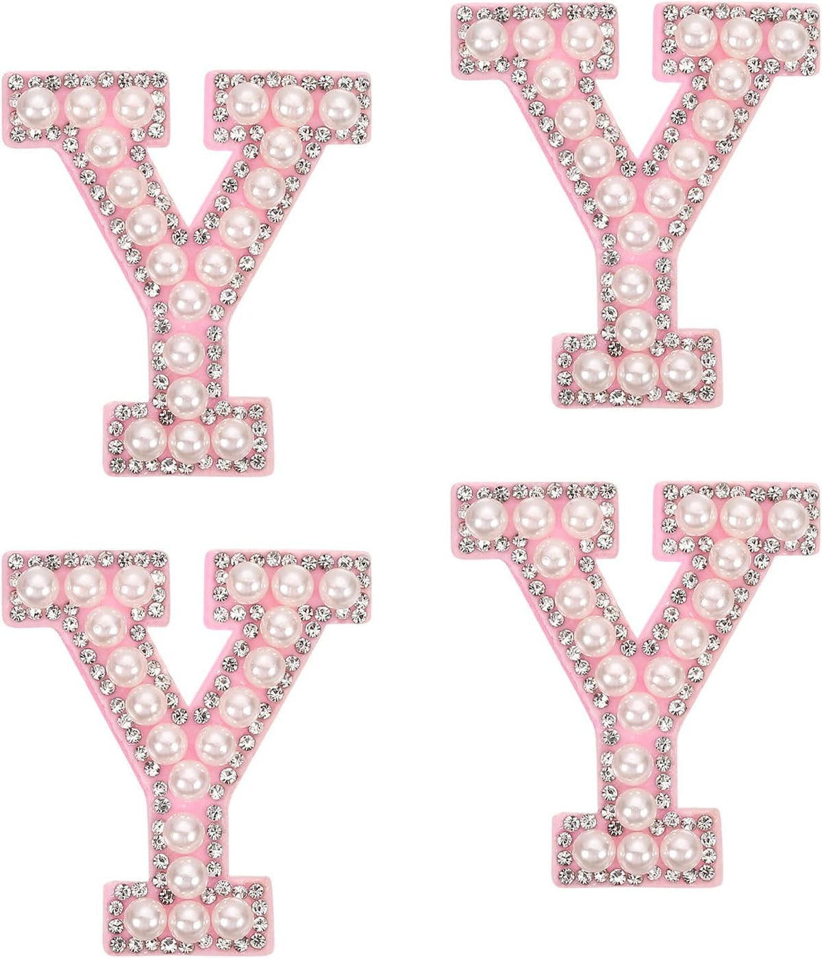 10Pcs Iron on Letters Patches, Letter Y Rhinestone Pearl Alphabet Applique English Letter Sew on Patch for DIY Clothing Hat Bag, White Pink