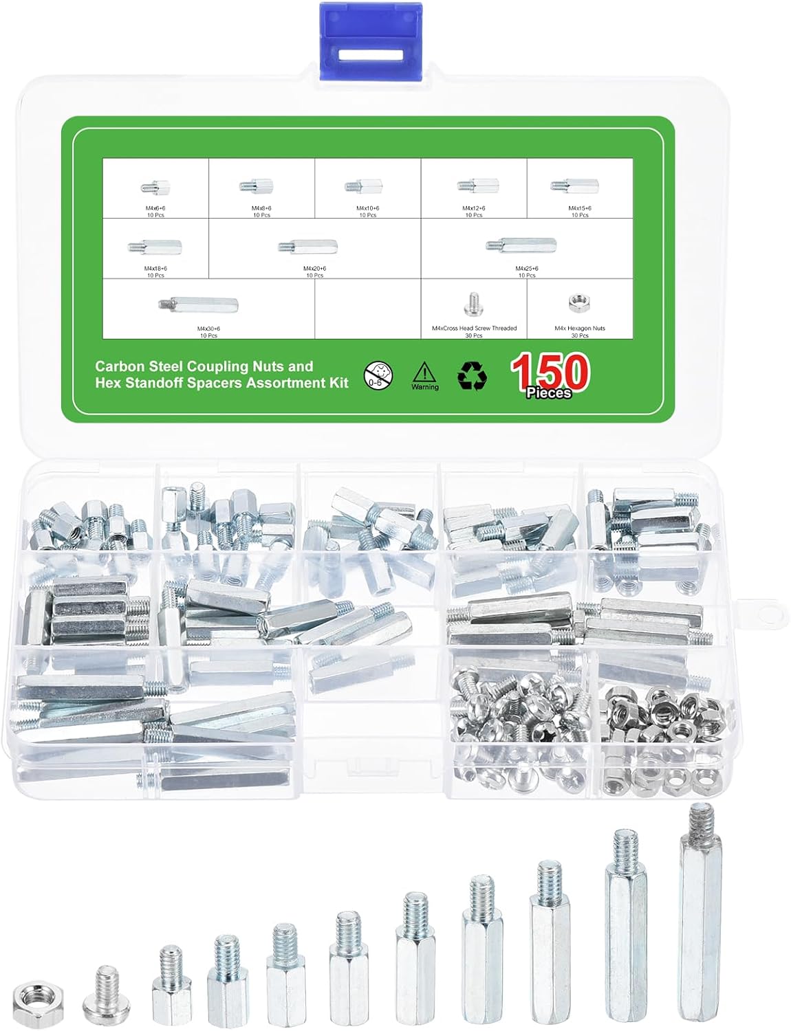 150 Pcs M4 Hex Standoff Spacers, Carbon Steel Male Female Thread 12/14/16/18/21/24/26/31/36mm, Motherboard Assortment Kit for DIY Computer Build, Electronic Projects, White