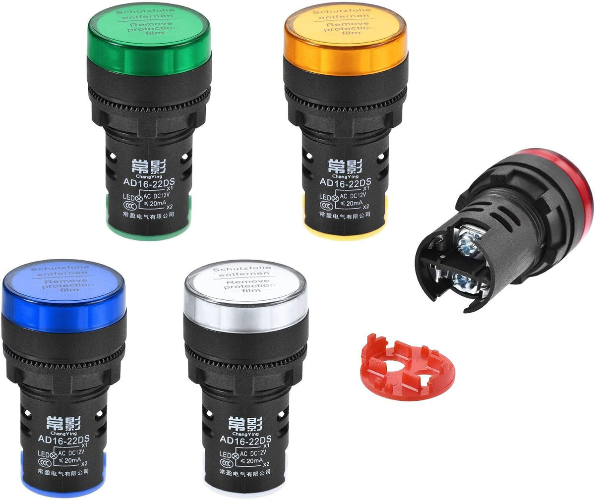 Energy Saving LED Indicator Light AC/DC 110V Dustproof Waterproof Signal Pilot Lamp for Electrical Equipment Power Operating Status, Red Green Yellow Blue White 5 Colors, Pack of 5