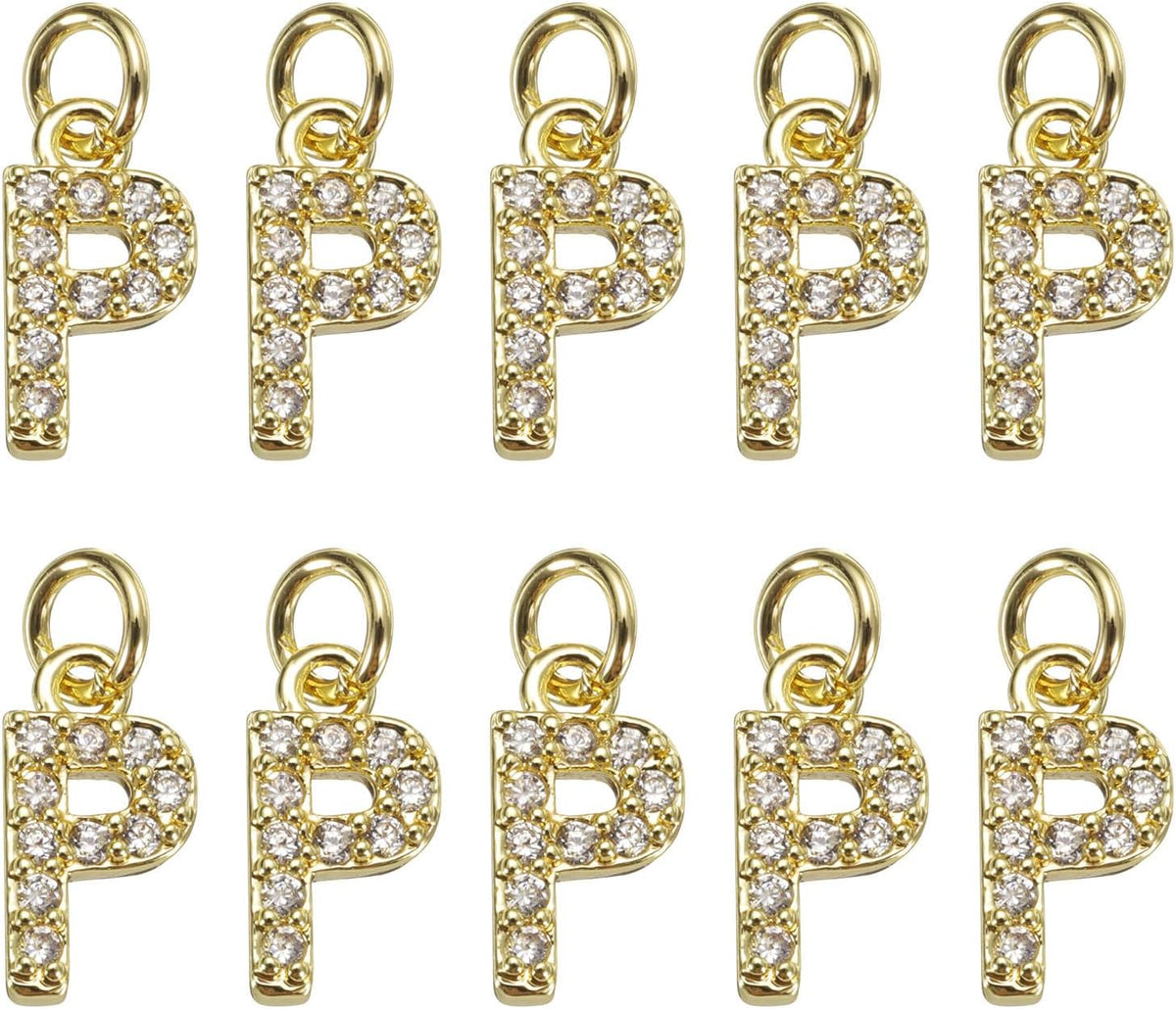 LinkMejor Rhinestone Letter Charm, 10pcs Crystal Zirconia Copper Alphabet P Pendants Slider Letter Charm for Wristbands Bracelets Necklace Jewelry Earring DIY Craft, Gold