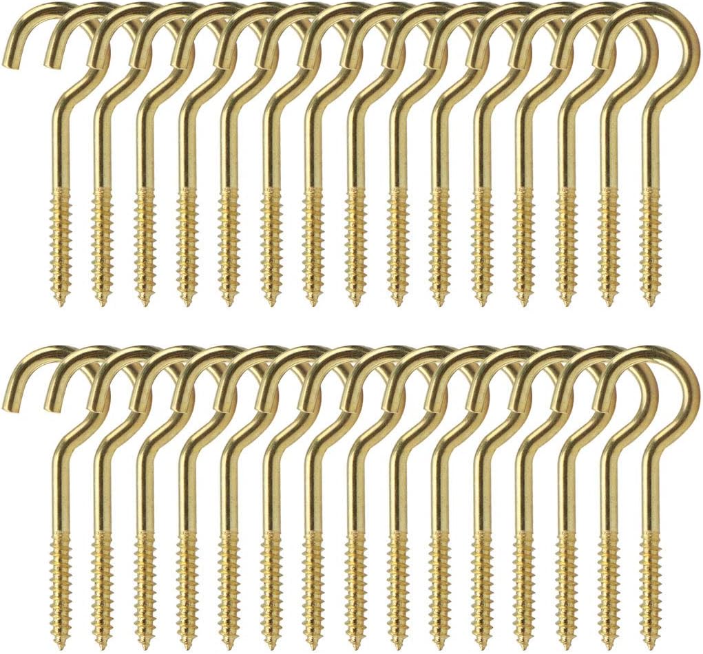 30pcs Cup Ceiling Hooks 1-1/4 Inch Brass Plating Metal Screw in Hanger Hook for Home Office Hanging Plants Outdoor Lights Gold Tone