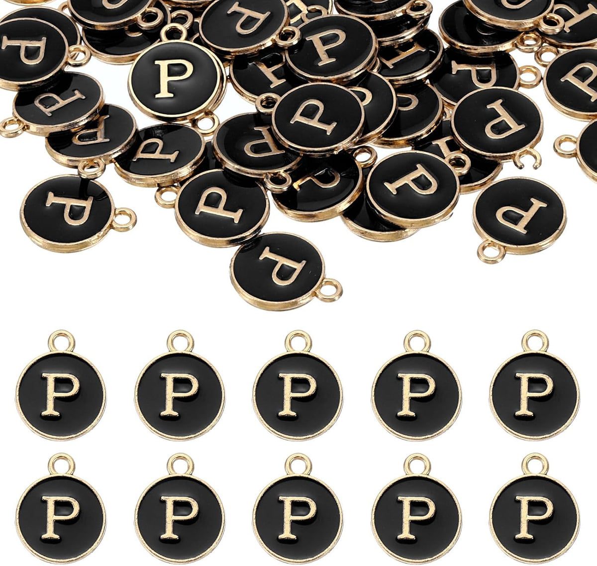LinkMejor 52pcs Letter Charm, Enamel Letter Pendants, Alphabet P Pendants Double Sided Beads Charm for DIY Bracelet Necklace Pendants Earring Jewelry, Black