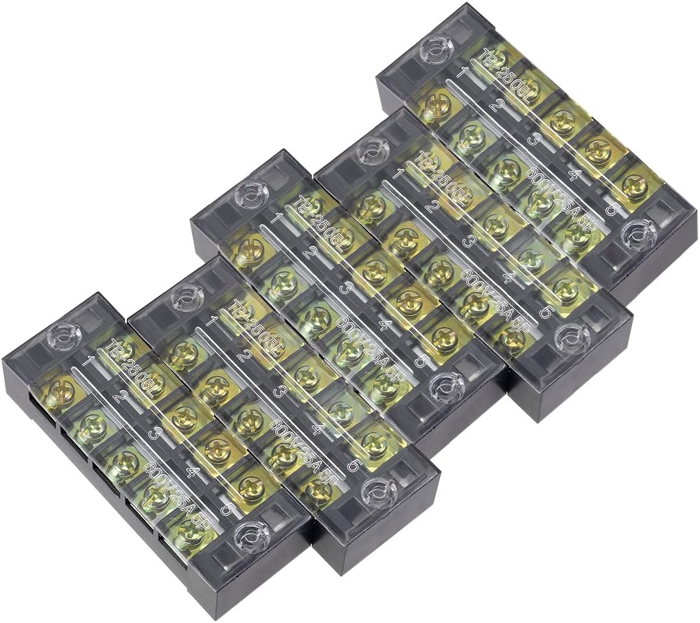 5 Pcs 5 Positions Dual Rows 600V 25A Cable Barrier Block Terminal Strip TB-2505L