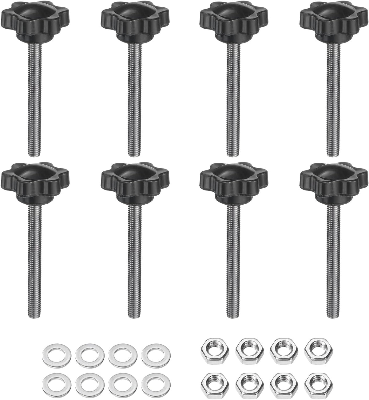 8pcs Star Clamping Knobs with Nuts Washers, M5 x 45mm Metric 304 Stainless Steel Male Thread 25mm 6-Star Plastic Head, Threaded Stud Hand Knobs Handles Thumb Screws, Black