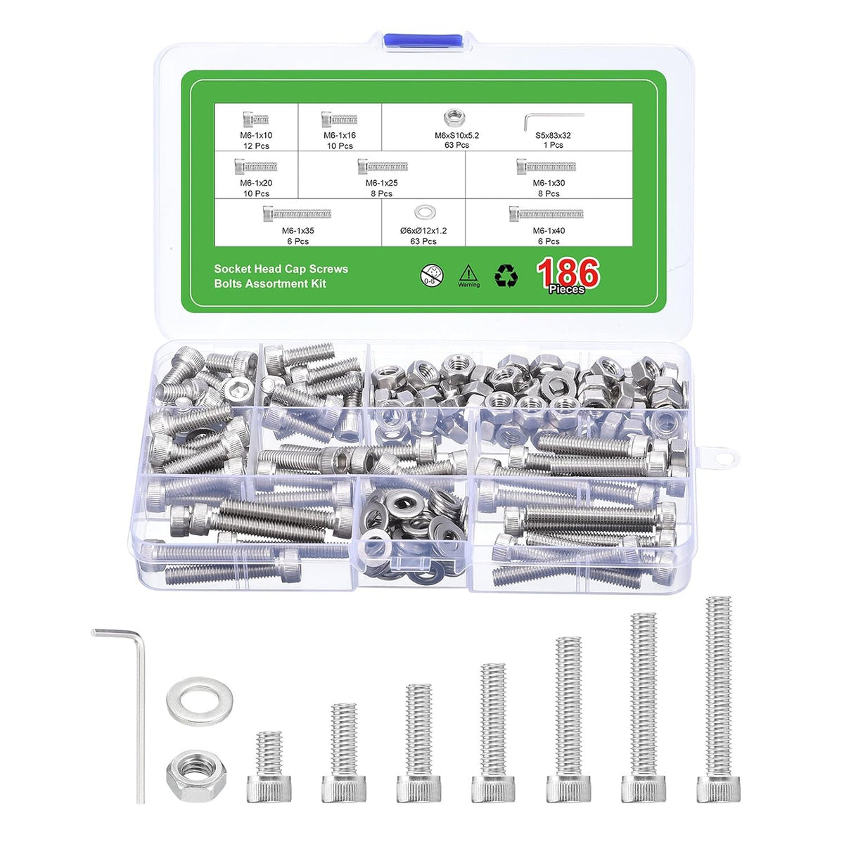 Hex Socket Bolts Kits (M6), 304 Stainless Steel Hex Socket Drive Screw, Silver Tone