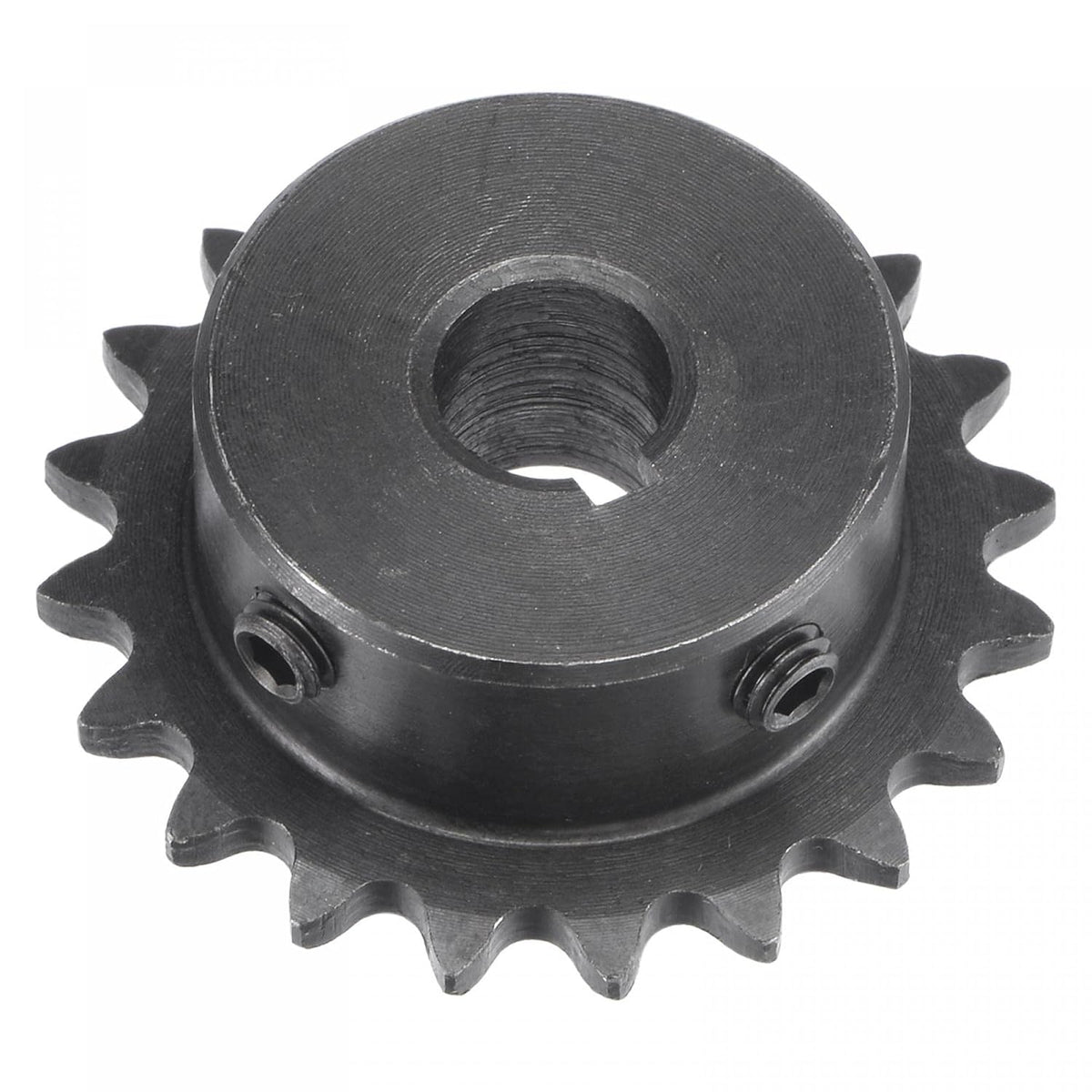 20 Tooth Roller Sprocket, #25 Chain Single Strand 1/4" Pitch, 10mm Bore Black Oxide C45 Carbon Steel, 3x1.4mm Keyway with Set Screws for ISO 04C