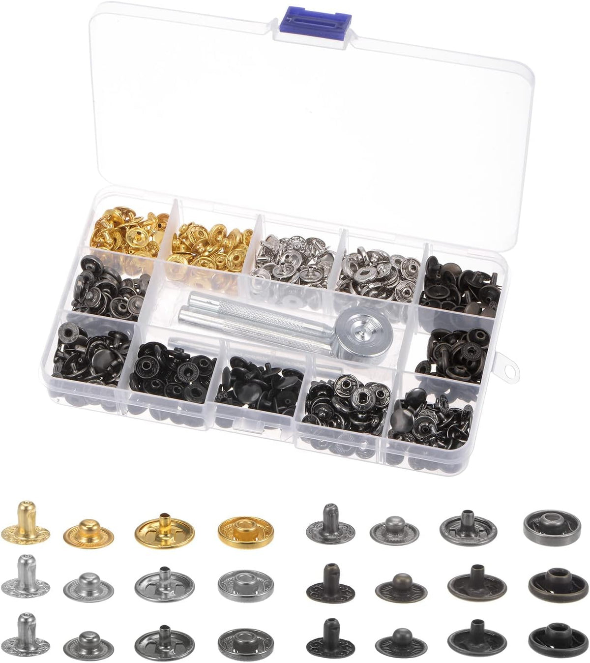120 Sets Leather Snap Fasteners Kit 10mm Metal Press Studs Buttons Tool with 4 Setter Tools & Storage Box for Clothing Leather Sewing