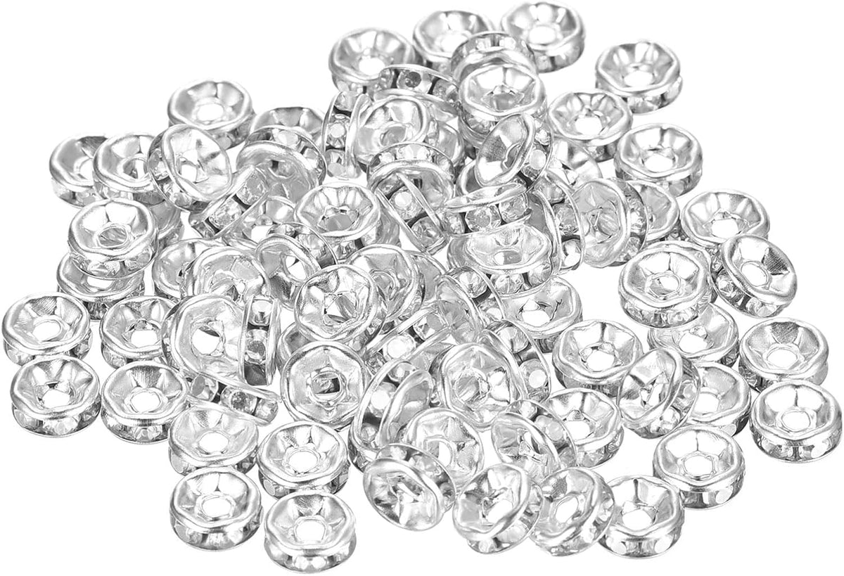 120Pcs Rondelle Spacer Beads, 6mm Rhinestone Spacer Beads Silver Plated Crystal Bead Spacers for DIY Jewelry Making Necklaces Bracelet Pendants, Silver