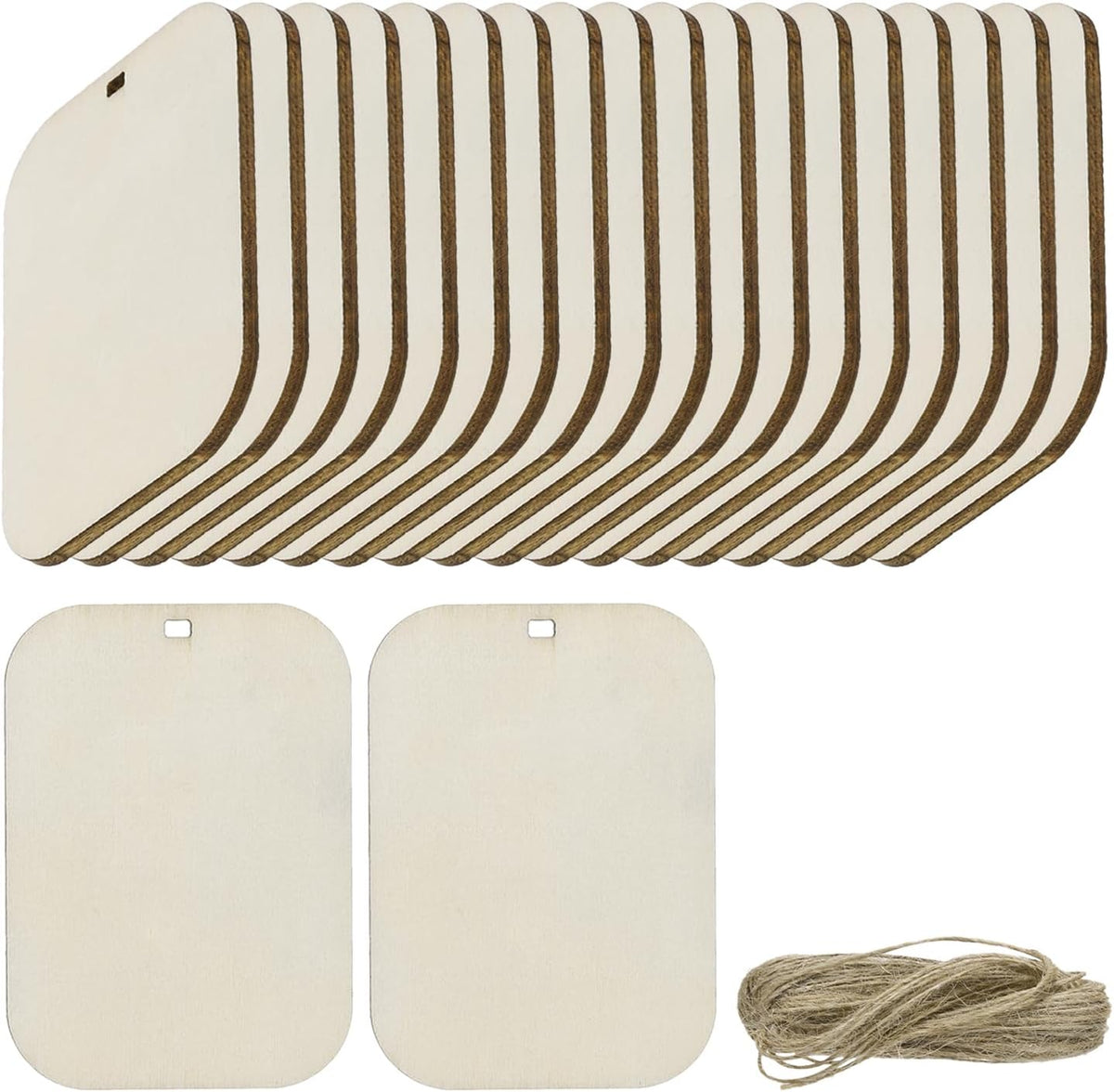 20pcs Rounded Rectangle Blank Wood Tags with Hole 3.5 x 5.5 Inch Unfinished Wood Pieces Wooden Gift Tags with 32.8 Ft Rope for Craft Projects, Hanging Decorations, Gift Making