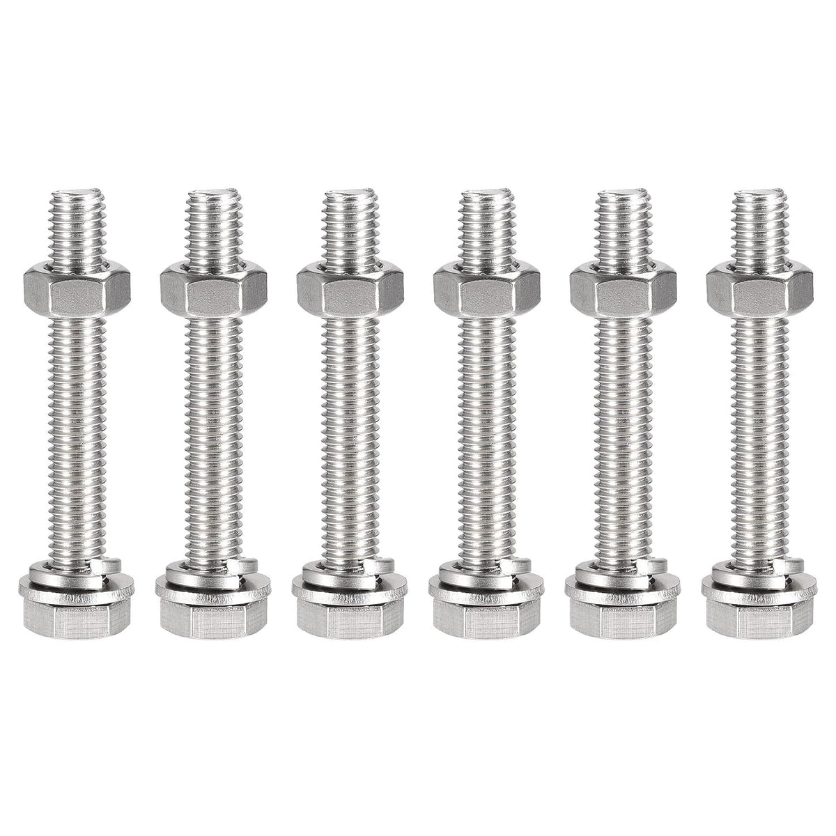 M10 x 70mm Hex Head Screws Bolts, Nuts, Flat & Lock Washers Kits, 304 Stainless Steel Fully Thread Hexagon Bolts 6 Sets