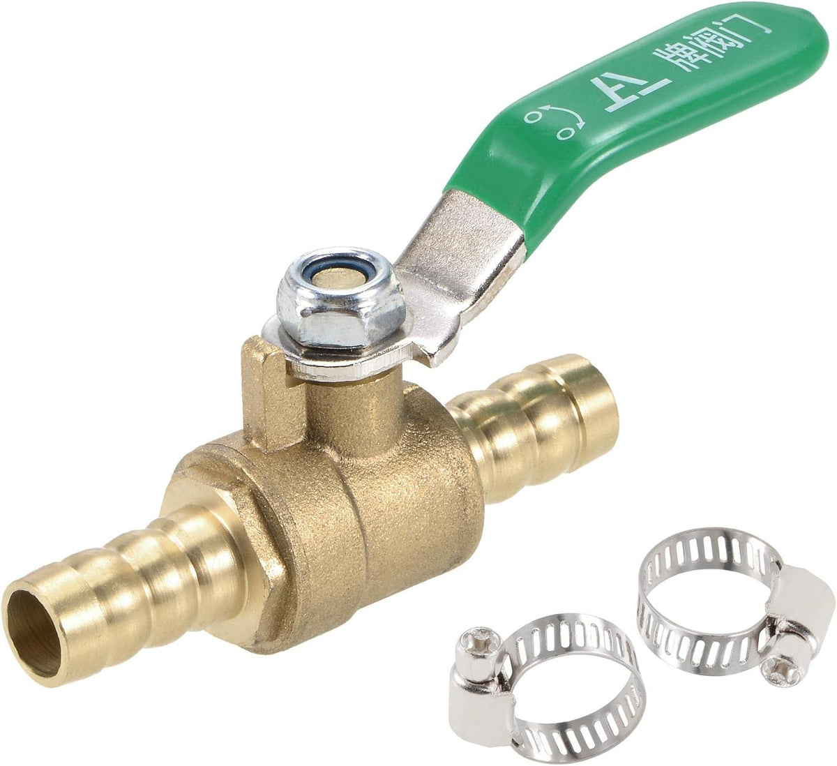 Brass Air Ball Valve Shut Off Switch 10mm Hose Barb to 10mm Hose Barb with Clamps Green Handle
