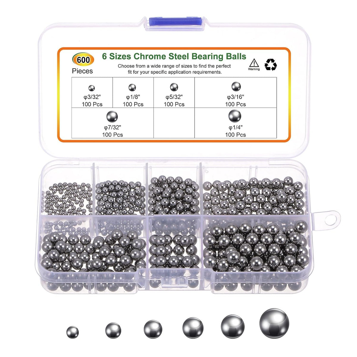 600pcs G16 Precision Balls Assortment Kit 1/4" 3/16" 7/32" 5/32" 1/8" 3/32" Chrome Steel Solid Bearing Balls