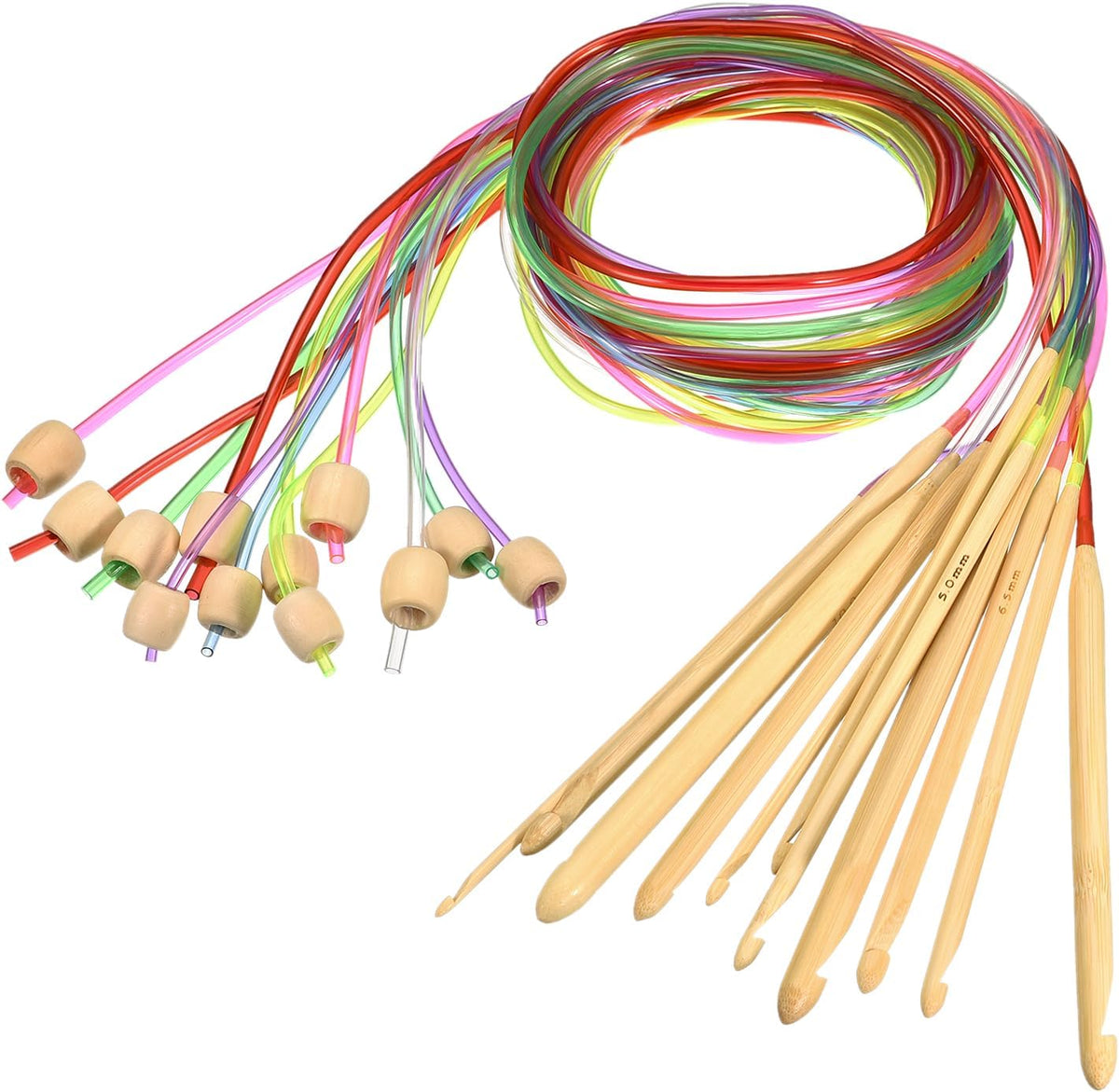 Crochet Hooks, 12pcs 3-10mm Bamboo Afghan Tunisian Crochet Hooks Knitting Needles Kit with Plastic Cable, Weaving Tool for Beginners and Crochet Lovers, Multicolor