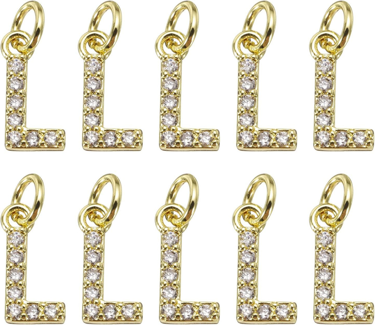 LinkMejor Rhinestone Letter Charm, 10pcs Crystal Zirconia Copper Alphabet l Pendants Slider Letter Charm for Wristbands Bracelets Necklace Jewelry Earring DIY Craft, Gold