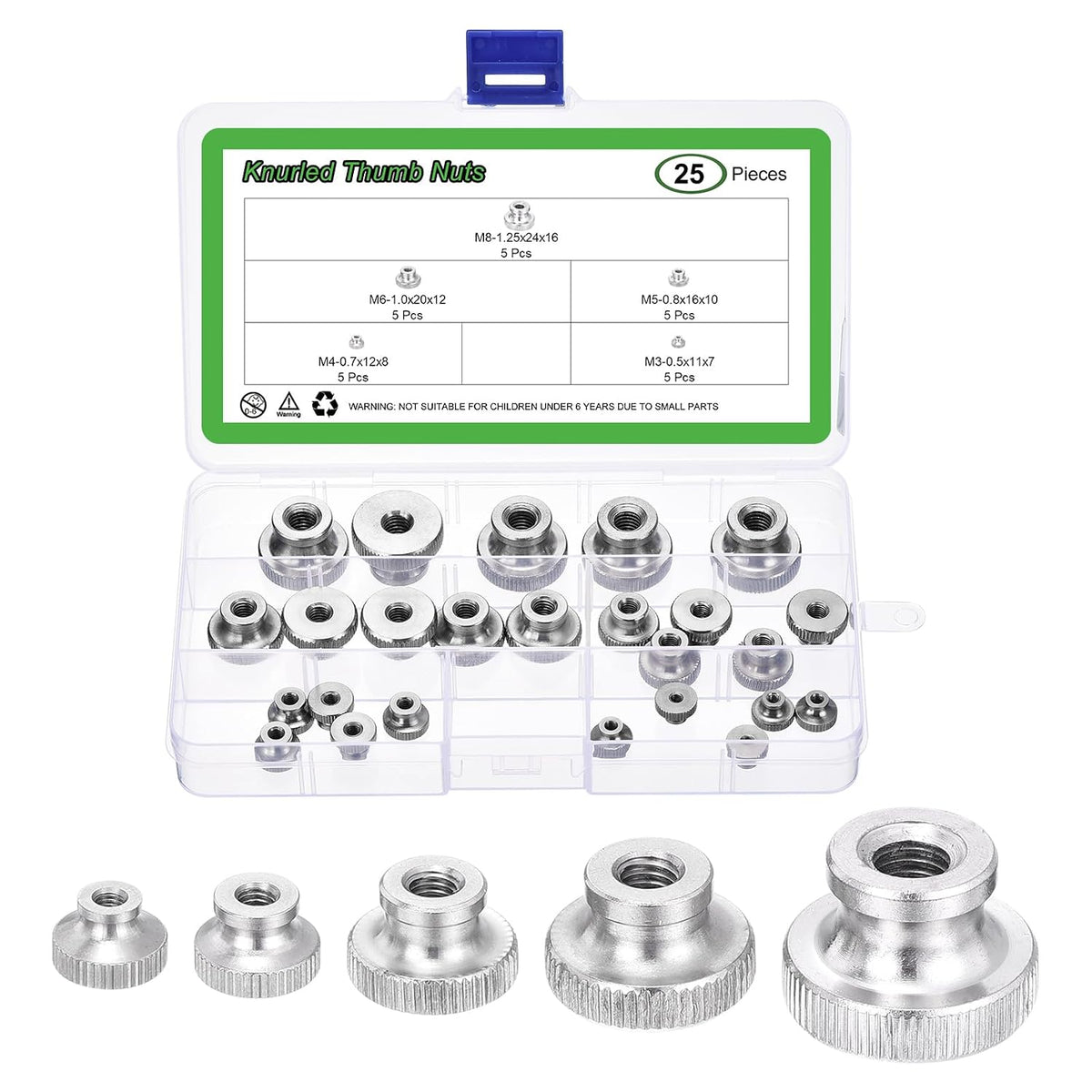 25Pcs Knurled Thumb Nuts, M3 M4 M5 M6 M8 304 Stainless Steel Round Knobs Fasteners Adjusting Knurled Nut Fasteners Nuts for 3D Printer Parts, Silver