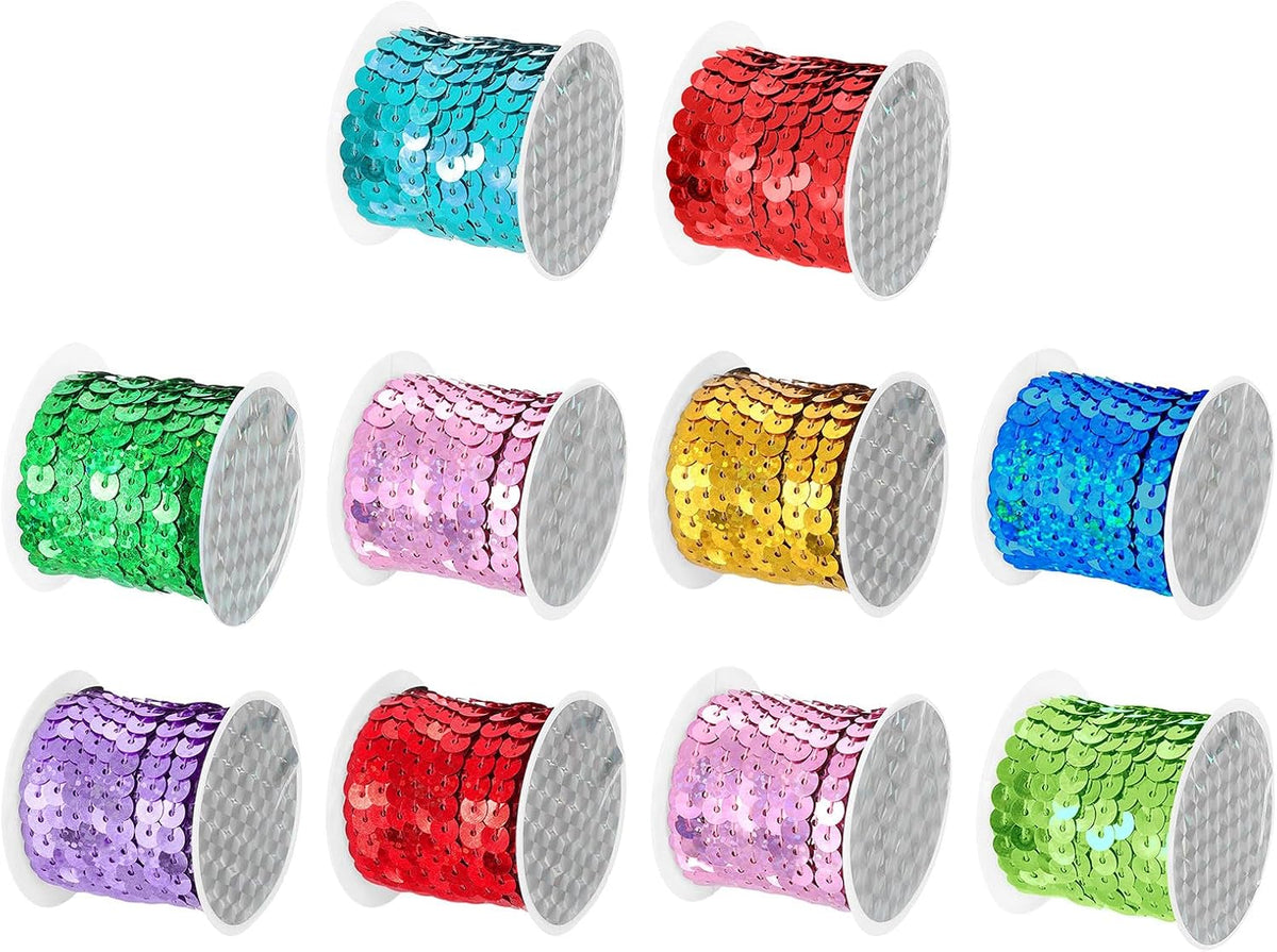 10 Colors 50Yds Flat Sequins Strip, 6mm Spangle Paillette String Spool Roll Sewing String Ribbon for Fringe Sewing DIY Projects