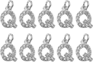 Rhinestone Letter Charm, 10pcs Crystal Zirconia Copper Alphabet Q Pendants Slider Letter Charm for Wristbands Bracelets Necklace Jewelry Earring DIY Craft, Silver