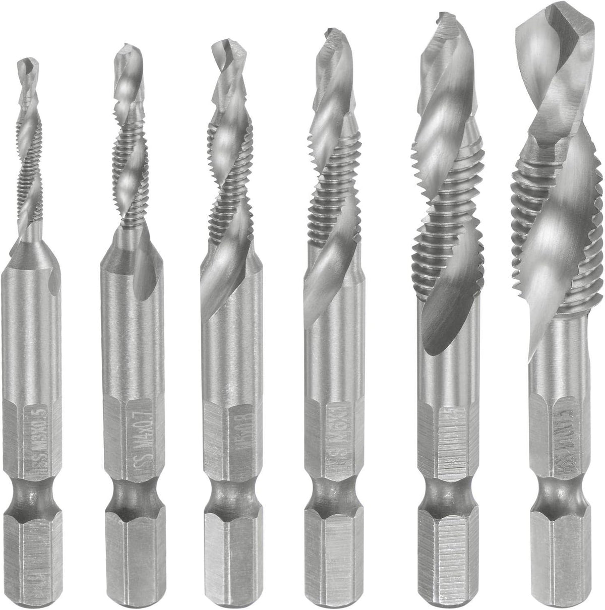 Combination Drill and Tap Bit Set M3 M4 M5 M6 M8 M10 with 1/4" Hex Shank Uncoated High-speed Steel Countersink Bit Spiral Flute Tapping Tool 6pcs