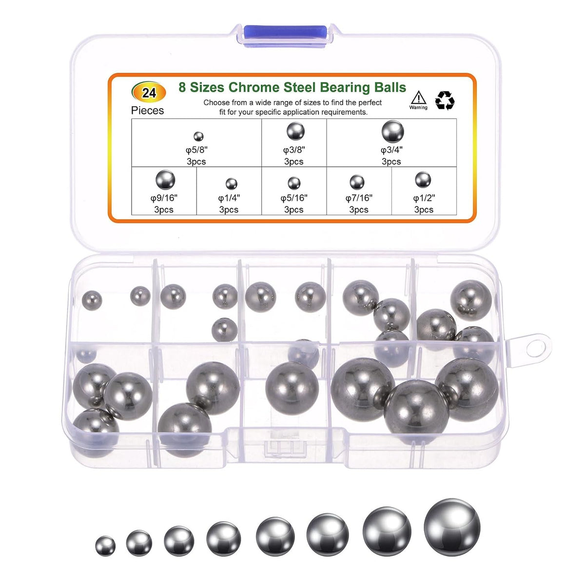 24pcs G10 Precision Balls Assortment Kit 1/4" 5/16" 3/8" 7/16" 1/2" 9/16" 5/8" 3/4" Chrome Steel Solid Bearing Balls