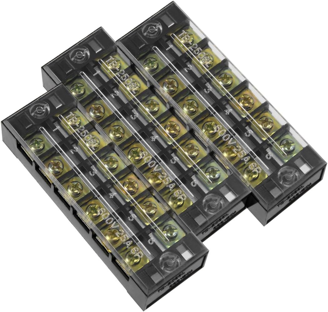 3 Pcs Dual Rows 6 Positions 600V 25A Cable Barrier Block Terminal Strip TB-2506L