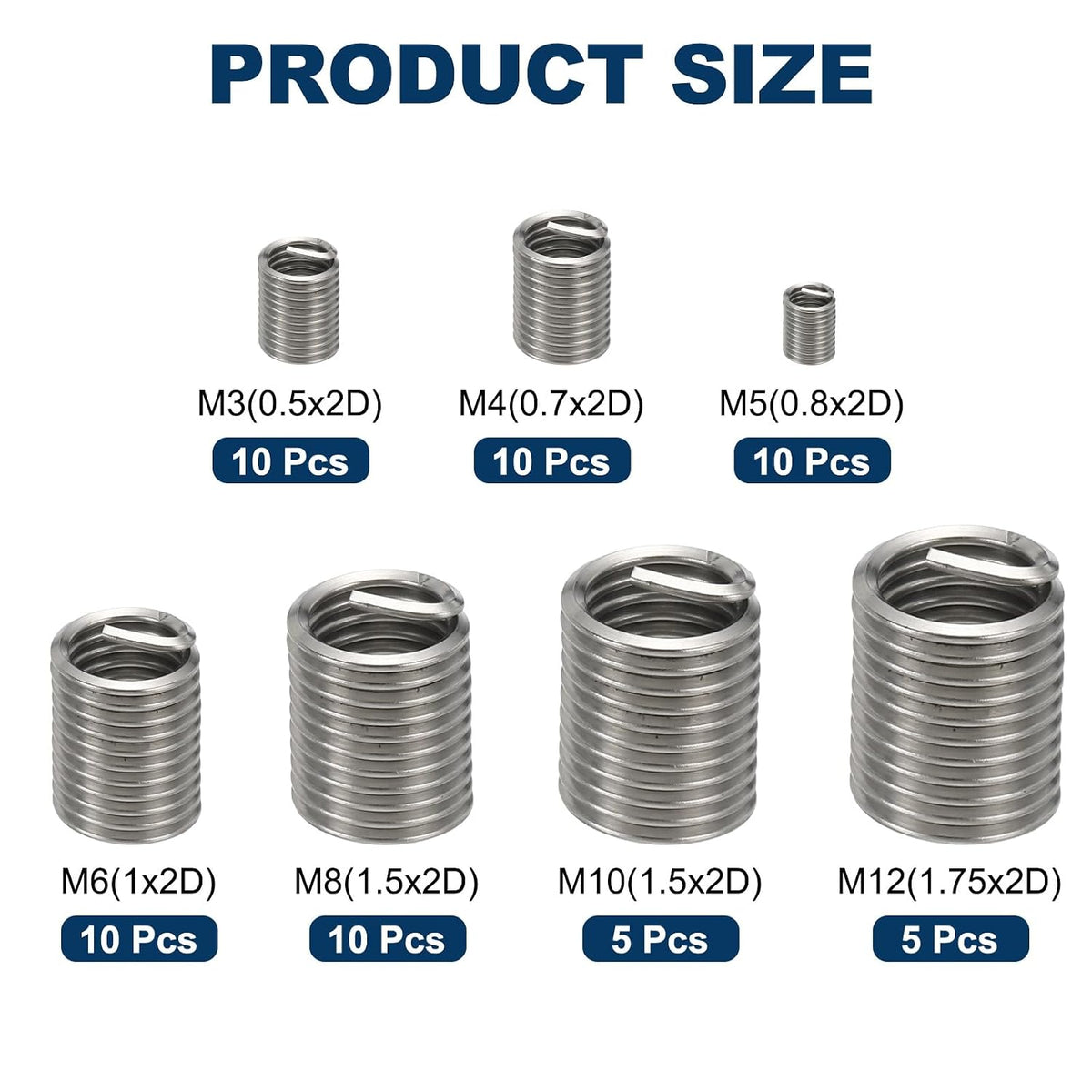 60Pcs Wire Thread Inserts Kit, M3/4/5/6/8/10/12 Carbon Steel Metric Sleeve Thread Repair Kit Helical Coiled Type for Machinery