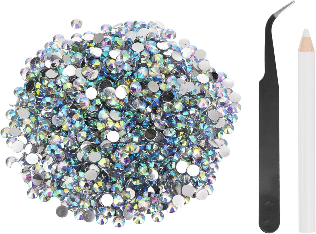 1500pcs Flatback Rhinestones Resin, SS30 6mm Resin Rhinestones Bulk Round Shine Gems with Pickup Tools for DIY Nail Art Tumblers Mugs Clothes, AB