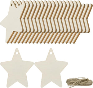 36pcs Star Blank Wood Tags with Hole 2 x 2.4 Inch Unfinished Wood Pieces Wooden Gift Tags with 32.8 Ft Rope for Craft Projects, Hanging Decorations, Gift Making