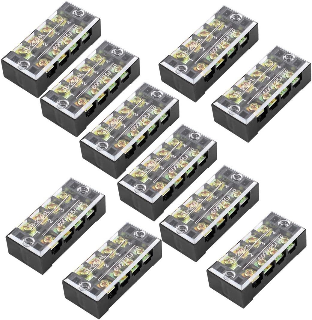 10 Pcs Dual Row 4 Position Screw Terminal Block Strip 600V 25A w Cover