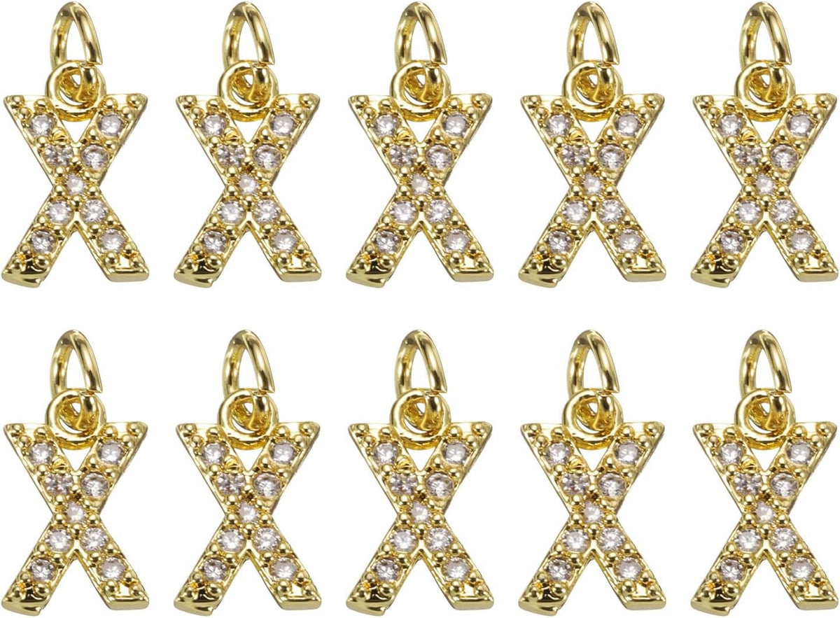 LinkMejor Rhinestone Letter Charm, 10pcs Crystal Zirconia Copper Alphabet x Pendants Slider Letter Charm for Wristbands Bracelets Necklace Jewelry Earring DIY Craft, Gold