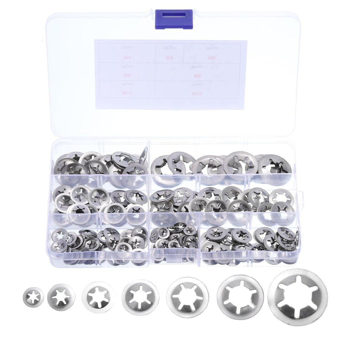 300pcs Internal Tooth Lock Washers Set M3 M4 M5 M6 M8 M10 M12 Locking Washers, 304 Stainless Steel Push Nuts