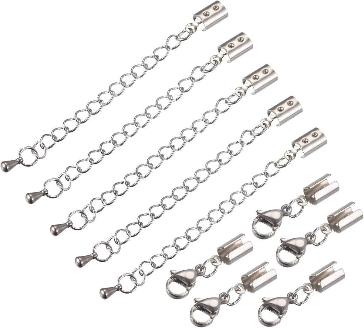 5Sets Fold Over Cord Ends with Lobster Claw Clasps & Extender Chain, 4mm Terminators Crimp Cap Clasp Tips for DIY Craft Making, Silver Tone