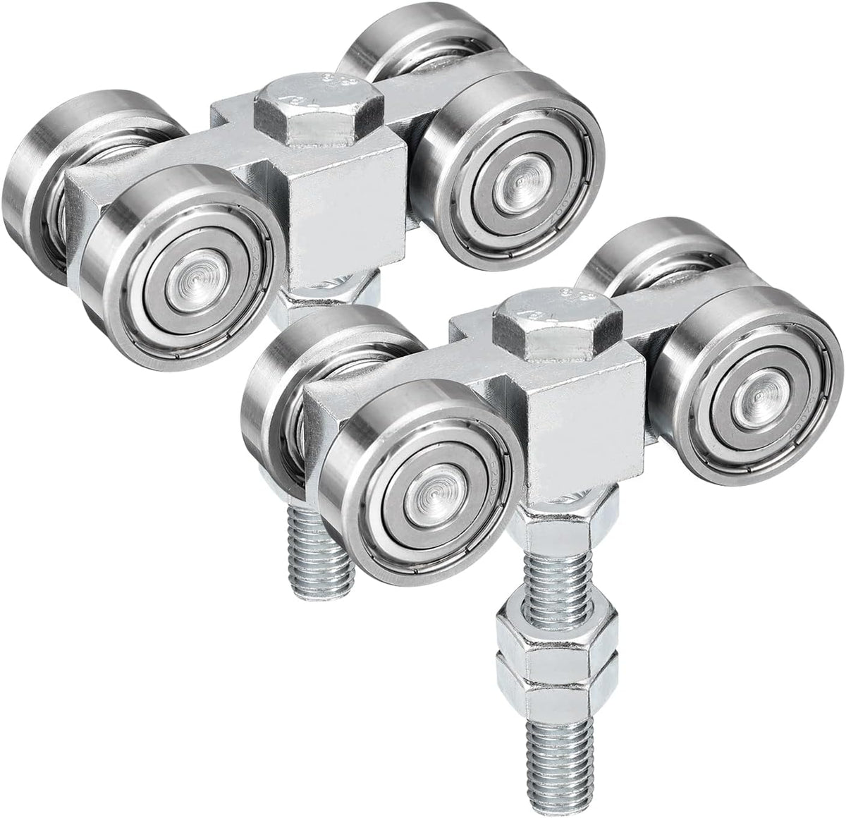 4 Wheel Silent Trolley with Rollers, Iron Bearing Trolley Assembly with Screw and Nuts for 1-5/8" Wide and All 1-5/8" or Taller Channel, Silver Tone